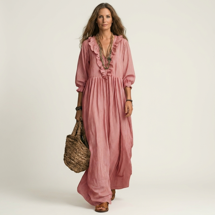 Yosetta | Abito Maxi a Righe con Scollo a V Ruffle e Maniche a Lanterna