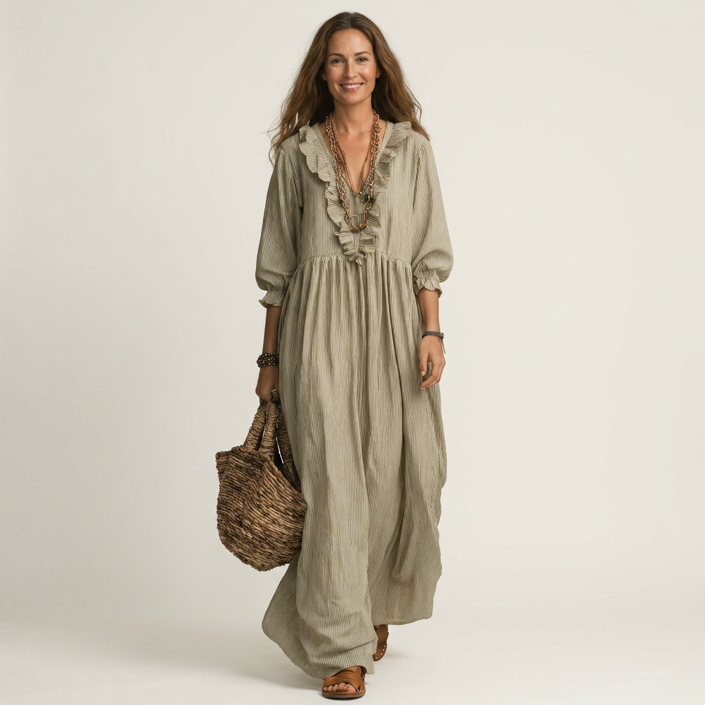 Yosetta | Abito Maxi a Righe con Scollo a V Ruffle e Maniche a Lanterna