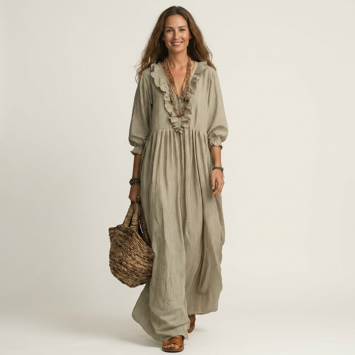Yosetta | Abito Maxi a Righe con Scollo a V Ruffle e Maniche a Lanterna