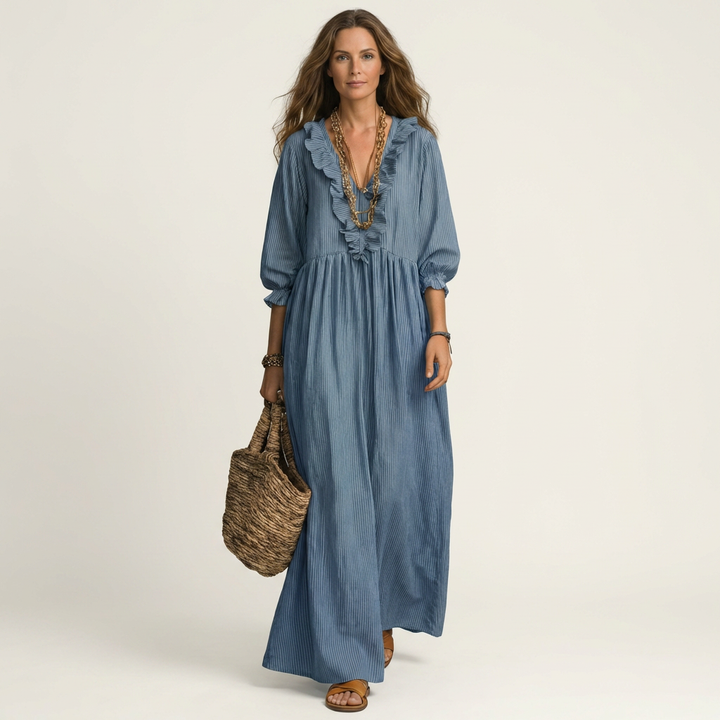 Yosetta | Abito Maxi a Righe con Scollo a V Ruffle e Maniche a Lanterna