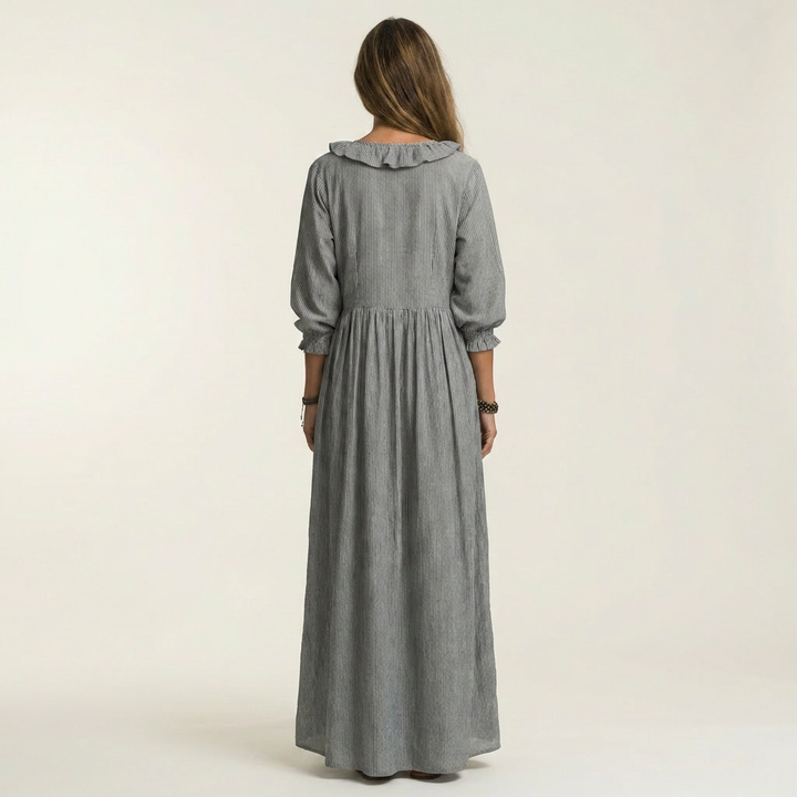 Yosetta | Abito Maxi a Righe con Scollo a V Ruffle e Maniche a Lanterna