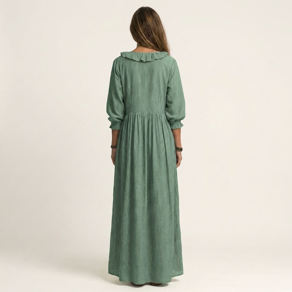 Yosetta | Abito Maxi a Righe con Scollo a V Ruffle e Maniche a Lanterna