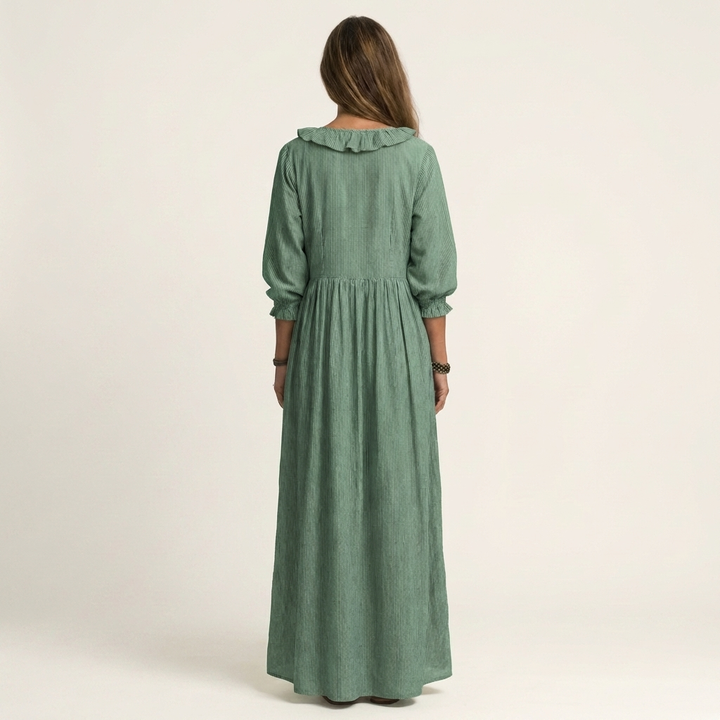 Yosetta | Abito Maxi a Righe con Scollo a V Ruffle e Maniche a Lanterna