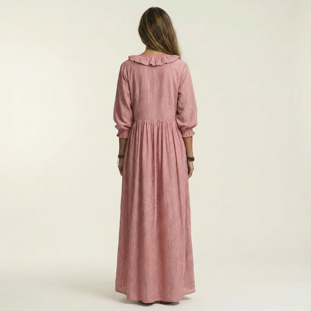 Yosetta | Abito Maxi a Righe con Scollo a V Ruffle e Maniche a Lanterna