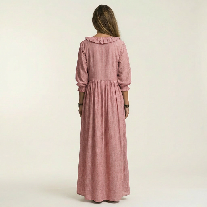 Yosetta | Abito Maxi a Righe con Scollo a V Ruffle e Maniche a Lanterna
