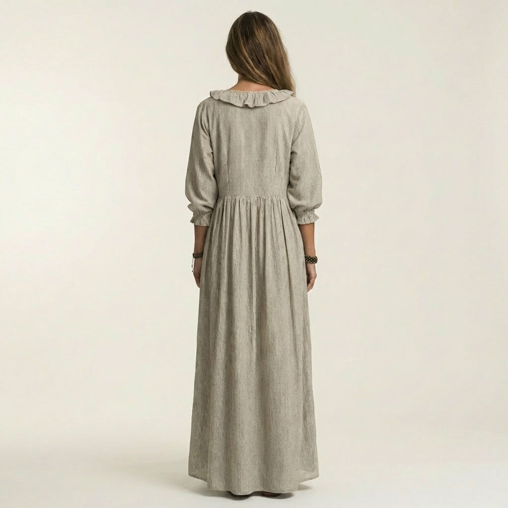 Yosetta | Abito Maxi a Righe con Scollo a V Ruffle e Maniche a Lanterna