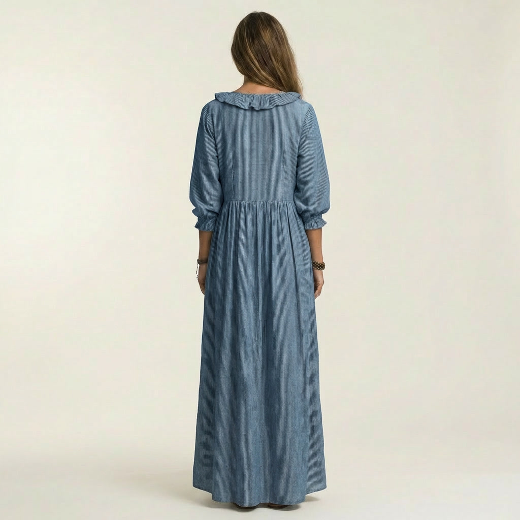Yosetta | Abito Maxi a Righe con Scollo a V Ruffle e Maniche a Lanterna