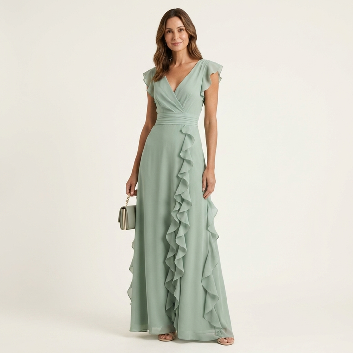 Nellyana | Abito Maxi con Scollo a V e Maniche a Farfalla
