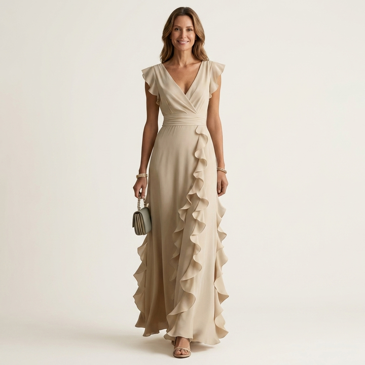 Nellyana | Abito Maxi con Scollo a V e Maniche a Farfalla