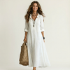 Mariam | Abito Maxi in Cotone-Lino con Ricamo Floreale Tonale