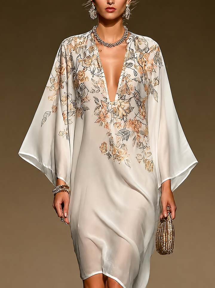 Abito Caftano in Chiffon Beige con Stampa Floreale, Scollo a V Profondo, Manica a Pipistrello, Orlo Asimmetrico, Abito Midi Fluido